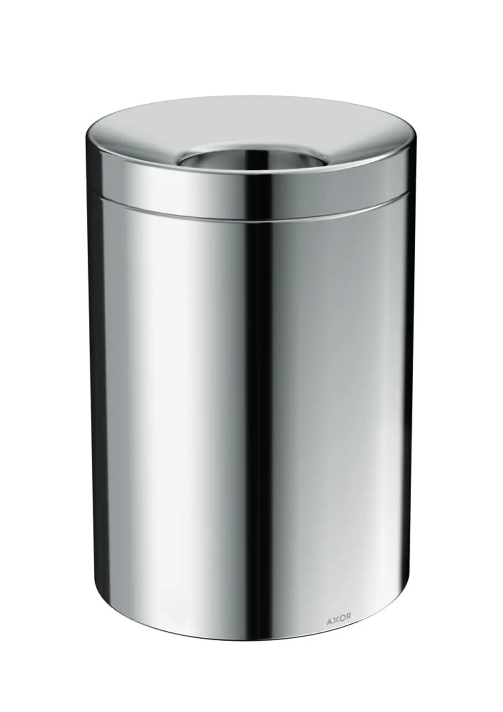 Runder Abfalleimer in glänzendem Chrom-Finish. Das elegante Design zeigt das Markenlogo AXOR an der unteren Seite. Geeignet für verschiedene Innenräume.